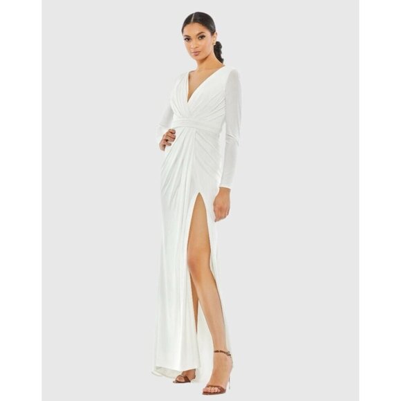 Mac Duggal Size 6 White 26554 Long Sleeve Wrap Jersey Slit Gown Dress Wedding - Picture 1 of 12